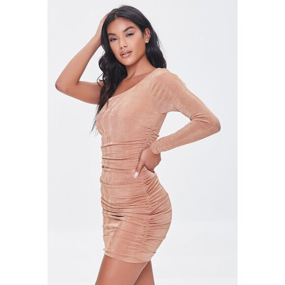 NWT Forever 21 Ruched One-Shoulder Dress‎ in Camel Size S - Picture 2 of 7